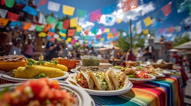 Authentic mexican food fiesta celebration with tacos corn salsa and colorful decorations outdoors event party - Powered by Adobe
