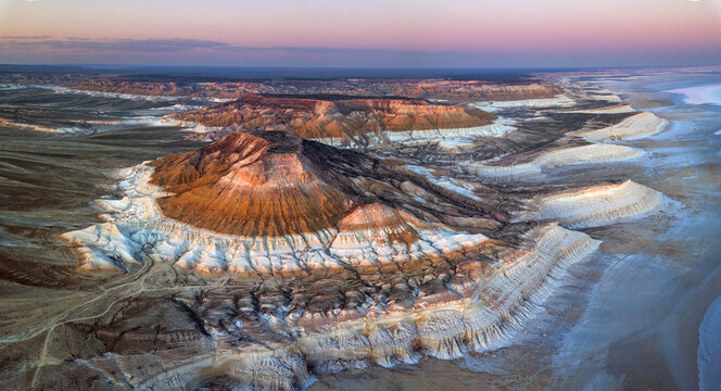 Aerial panorama of the Tuzbair salt marsh, Mangystau, Kazakhstan