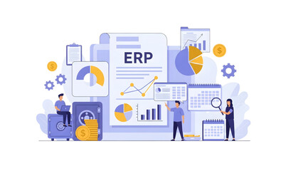 ERP Dashboard Vector — Finance, Inventory, Charts  Enterprise Resource Planning Vector — Data Widgets and Charts  Cloud ERP Concept Illustration — Team and Analytics 