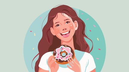Happy young woman holding delicious donut, enjoying sweet treat with joyful expression