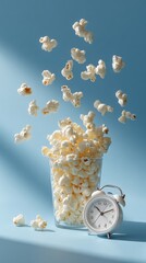 Premium Popcorn Flying with Alarm Clock for Telephone Tuesday and Spring Earth Day Festivities Targeting Young Professionals in Modern Marketing Campaigns