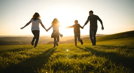 Family Running Through a Field at Sunset