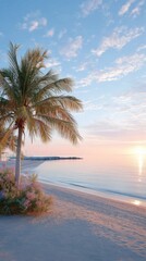 Sunrise Over Tropical Beach with Palm Tree and Pink Sky