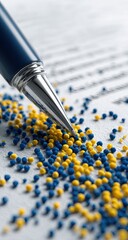 Close-up of a pen over scattered blue and yellow beads on paper