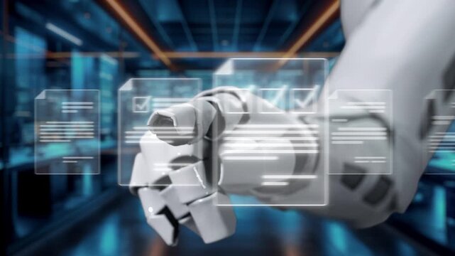 A futuristic robotic hand engages with transparent digital interfaces showcasing document analytics, embodying the convergence of technology and innovation in a modern workspace. Auvana