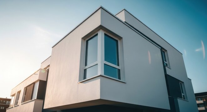 Modern building exterior with corner window against a blue sky - Powered by Adobe
