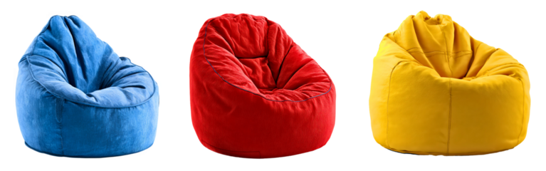Set of soft and colorful blue, red and yellow bean bag chairs ideal for casual living spaces isolated on a white or transparent background