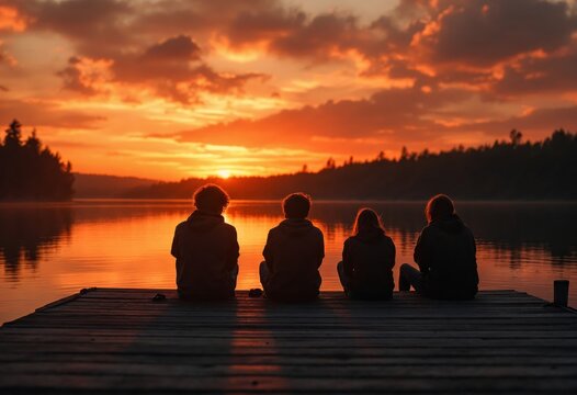 Group of friends sitting by lake at sunset