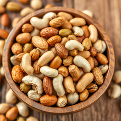 Obraz premium Wooden bowl filled with assorted nuts almonds, cashews, peanuts, pistachios. Healthy, natural snack mix emphasizing organic ingredients, raw vegetarian protein. Perfect for diet conscious consumers
