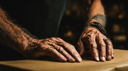 Aged hands on a craft surface