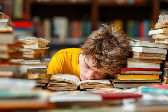 Young student sleeping on open book on library desk, overwhelmed by studying and surrounded by piles of books