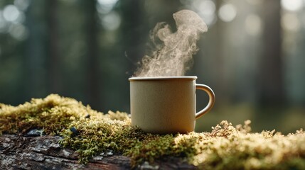 Authentic Morning Forest Coffee Scene with Steaming Mug on Mossy Log Premium Calm Lifestyle Content for Outdoor Adventure and Wellness Marketing