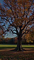 Majestic Autumn Oak Tree in a Field Wallpaper