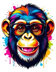 Colorful chimp head wearing glasses, vibrant paint splatter background
