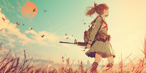 Anime Girl Soldier in School Uniform Walking through Battlefield at Sunset