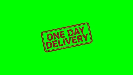 One Day Delivery: rubber stamp seal label animation on a green screen background for promoting fast shipping, express courier services, and quick order fulfillment in advertisements and marketing mate
