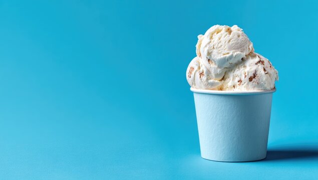 Creamy vanilla ice cream with brown flecks, served in a light-blue paper cup against a bright blue background - Powered by Adobe