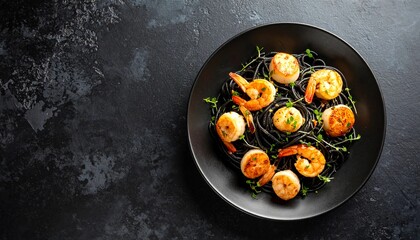 Exquisite black squid ink pasta adorned with perfectly seared scallops and plump shrimp, a gourmet delight promising an unforgettable culinary experience for any discerning palate.