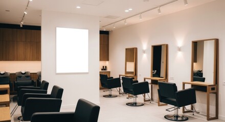 Modern, minimalist salon interior with black chairs and a blank frame