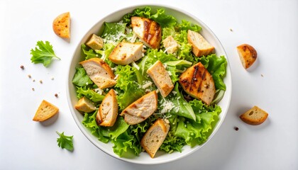 Satisfying grilled chicken Caesar salad bursting with fresh greens, crunchy croutons, and savory Parmesan cheese, perfect for healthy eating inspiration.