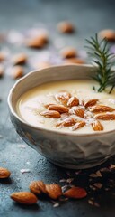 Creamy pale yellow soup in a grey bowl, garnished with roasted almonds arranged in a floral pattern and a sprig of rosemary. 