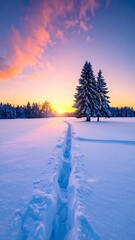 Snowy field path leading to a sunset behind two snow covered evergreens