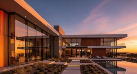 Obraz premium Modern mansion at sunset reflects sky on glass, adjacent to swimming pool