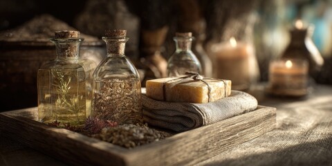 Fototapeta premium Rustic apothecary tray with herbal remedies, candles, and soap