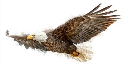 Obraz premium Swoop Background. Hand Drawn Bald Eagle in Flight, American Avian Art on White