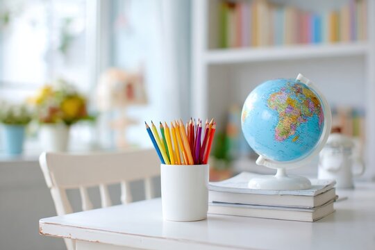 School supplies including colored pencils and a globe are sitting on a white desk in a well lit children's room, ready for learning and exploration