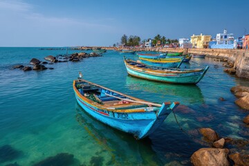 Tamilnadu Tourism. Group of Fishing Boats on Coastal Harbour in Thengapattanam, Kanyakumari District