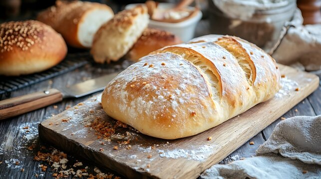 A wooden chopping board containing freshly baked