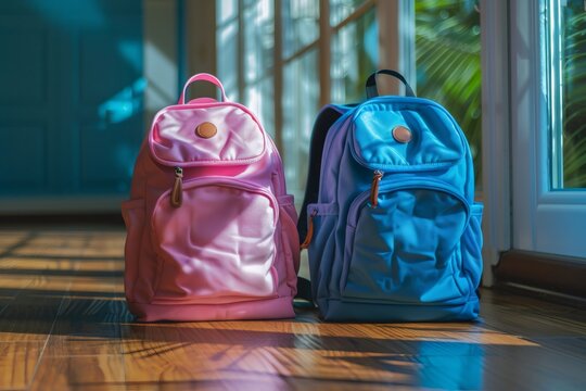 Two colorful backpacks resting on wooden floor near window, ready for school