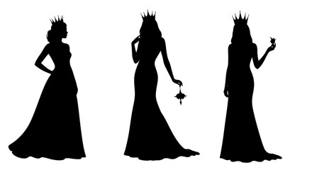 Elegant Silhouettes of Three Regal Queens in Gowns Holding Ornate Objects