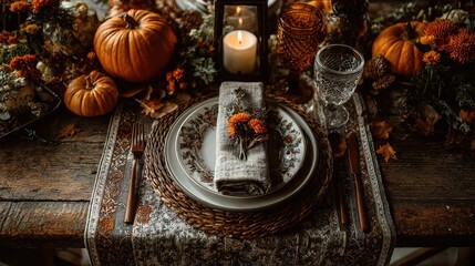 Autumn Table Setting with Pumpkins and Candle