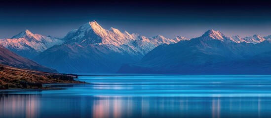 Majestic snow-capped peaks over a tranquil blue lake