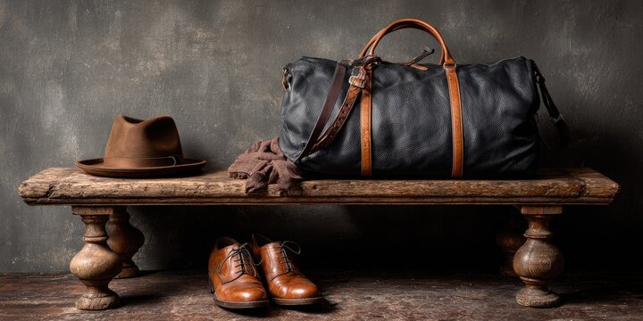 Vintage travel items on weathered bench. Dark leather duffel bag, brown hat, and shoes rest on aged wooden bench against a textured wall