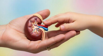 Hands Holding a Kidney Model Child and Adult Caring for Health