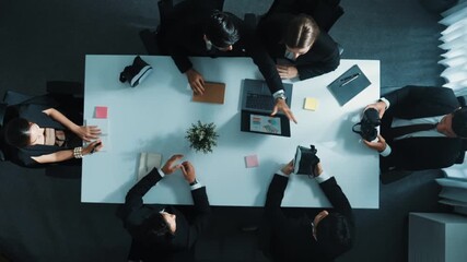 Top view of professional businessman give vr headset to diverse investors while young businesswoman looking at data analysis or marketing statistic on laptop and prepare for data sharing. Directorate.