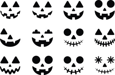 Naklejka premium A collection of twelve black and white halloween pumpkin faces