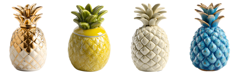 Set of decorative ceramic pineapples with glossy finish and textured details isolated on a white or transparent background