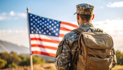 Fototapeta premium Soldier standing with backpack, facing away from viewer, gazing at an American flag