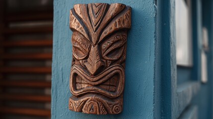 Tiki Face Set. Trendy Wooden Mask for Hawaii Surfing Bar. Traditional Hawaiian Maori Polynesian Ethnic Idol