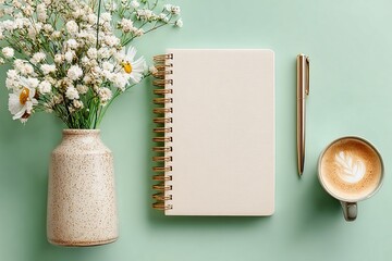Flat lay of a blank notepad with golden spiral binding, golden pen, cappuccino and flowers in a vase on a pastel green background, perfect for adding custom text or design