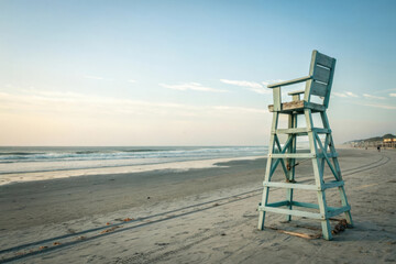 Empty lifeguard chair on a sandy beach at sunset with ocean waves
