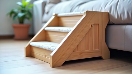 Fototapeta na wymiar Dog Bed Stairs. Wooden pet stairs with carpet step pads next to sofa f