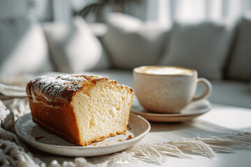 Golden fluffy brioche with coffee on warm cozy morning table