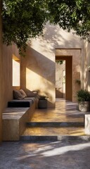 Sunny, neutral-toned patio with bench,  shadowed walls