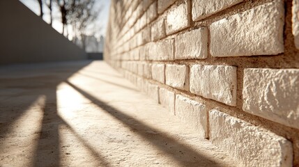 Sunlight casts long shadows on a pale brick wall and light-colored ground