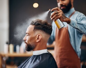 Professional Barber Applying Hairspray on Fresh Fade Haircut Modern Premium Grooming for Confident Young Men in Trendy Barbershop Marketing Content